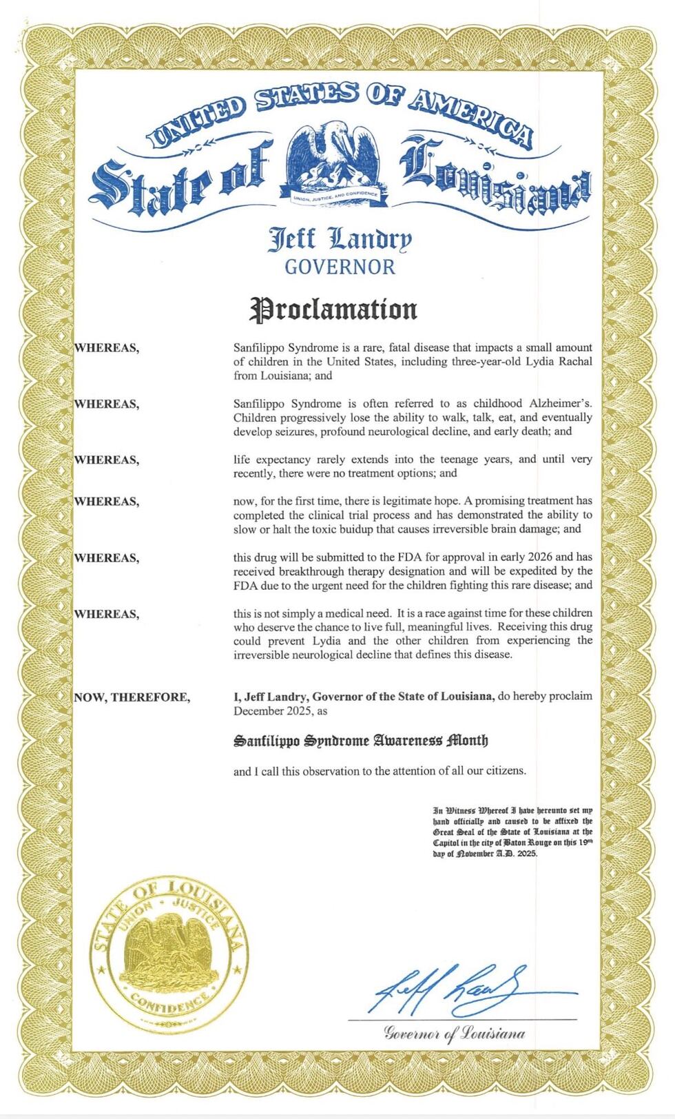 December declared Sanfilippo Syndrome Awareness Month in Louisiana